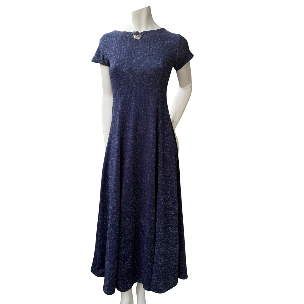 Navy Blue Glitter Maxi Dress Pearl Detail Back Zipper Evening Gown Glam S/M